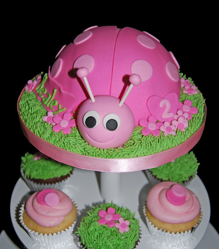 Pink Ladybug Cupcake Tower for 2nd Birthday