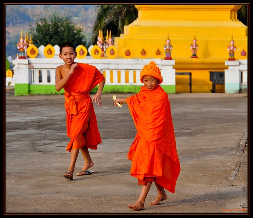 Young Buddhist novices fooling around each other, Houei Xai Wat temple, Northern Laos