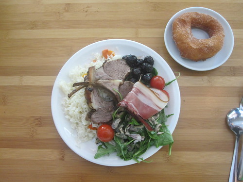 Lamb chops, rices, salad, olives parma ham, donut from the bistro - $6