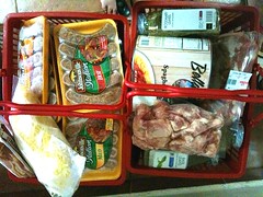 Shopping basket of chicken, sausages, cheese, cream, mascarpone, bacon, herbs, spaghetti sauce