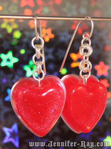 Rockin Cherry Red Heart Earrings - Bold Chainmail Sterling Silver Earrings