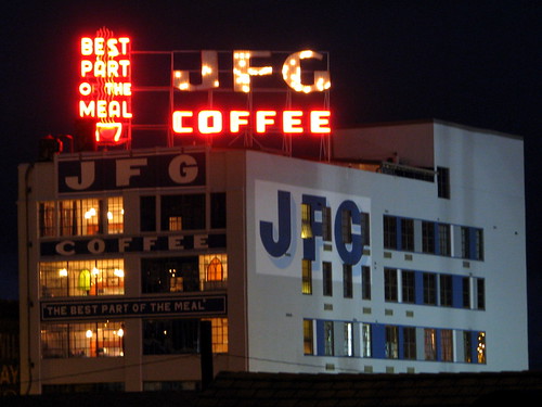 JFG Coffee sign at night