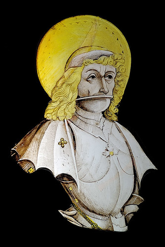 Stained glass window of an armored saint, at the Saint Louis Art Museum, in Saint Louis, Missouri, USA