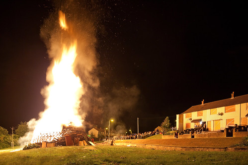 Burning Unionist Bonfire, Temporarily Boarded Up Homes