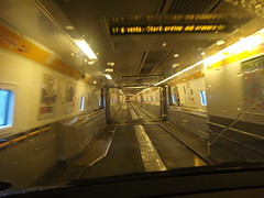 Driving through the carriages inside the Eurotunnel train