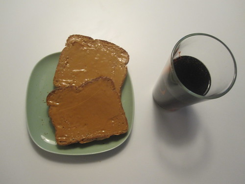 Peanut butter on toasts, diet coke