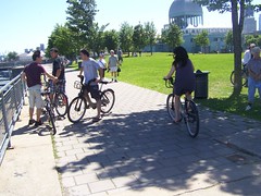 A gaggle of Bixi cyclists in the Old Port of Montreal