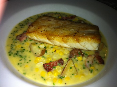 California Sea Bass with Corn Chowder, Pancetta, Fingerling Potatoes and Chives