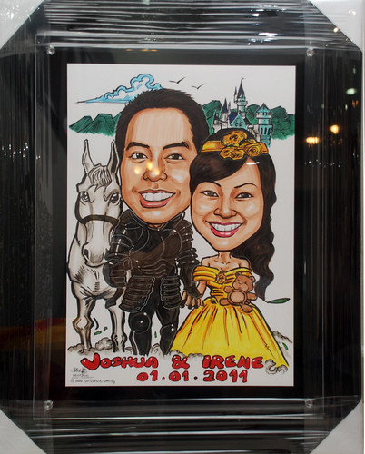 Wedding couple caricatures - knight & princess in A3 size black acrylic frame
