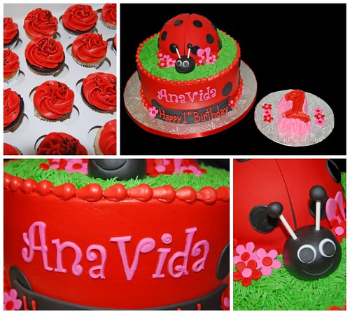 Red and Black with Pink Accents Lady Bug 1st Birthday Cake, smash cake and cupcakes
