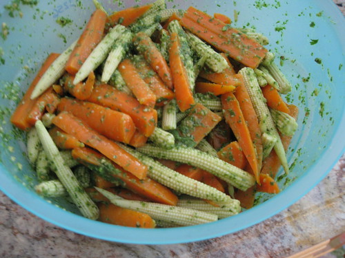 carrot and corn in pesto