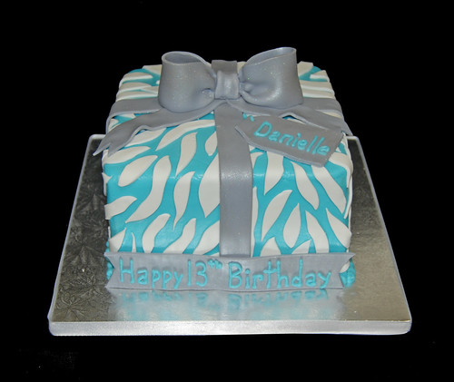 Blue and White Zebra Print Present Birthday Cake