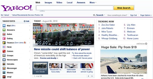 Yahoo! home page with Trending Now module