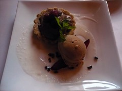 Hazelnut Tartlette - Mocha cream Filling, fresh raspberries, fig-coffee gelato, vanilla bean creme anglaise