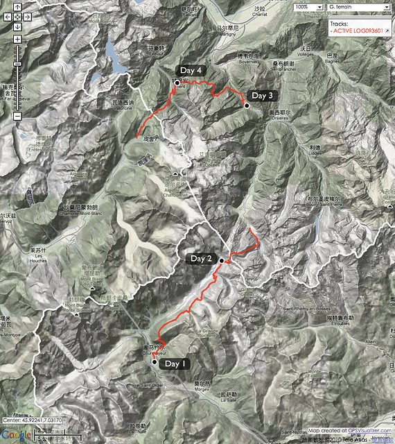 Tour du Mont Blanc (TMB) 里程图（2010年8月28-31日） / TMB route