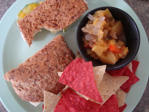 lunch! cheese and cucumber sandwich with homemade peach salsa and chippies!