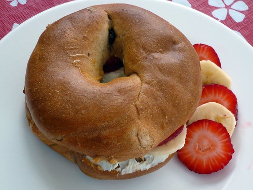 Toasted Strawberry Banana Cream Cheese Peanut Butter Bagel