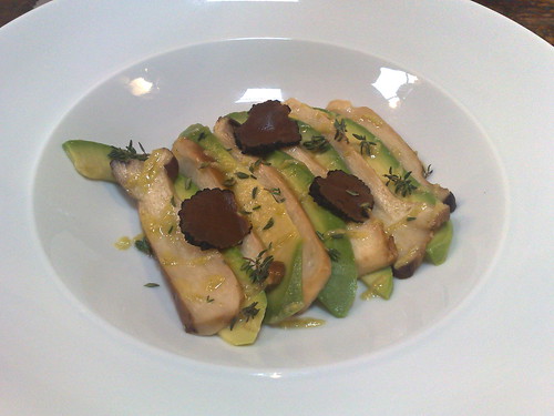 King oyster mushroom and avocado 'carpaccio' with grated black truffle, drizzled with jalapeno oil