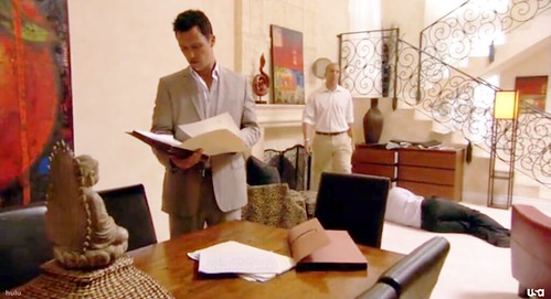 Burn Notice Buddha with Michael Weston (actor: Jeffrey Donovan), Jesse Porter (actor: Coby Bell), body, house interior in Miami, Florida (set), TV show, Buddhism in Western culture by Wonderlane
