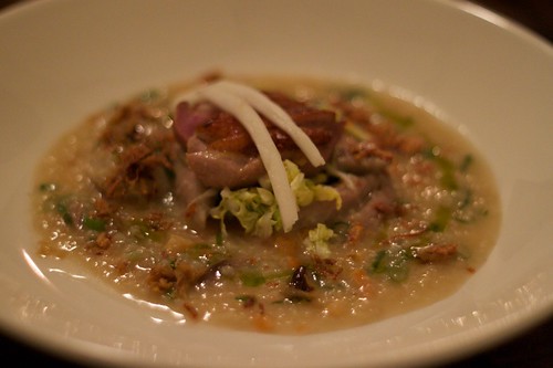 tea smoked duck breast, steamed duck leg, pickled cabbage, congee, crisp shallots, spring onion oil