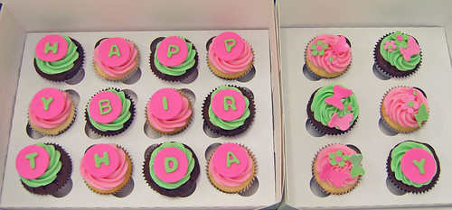 pink and green Happy Birthday cupcakes with butterflies