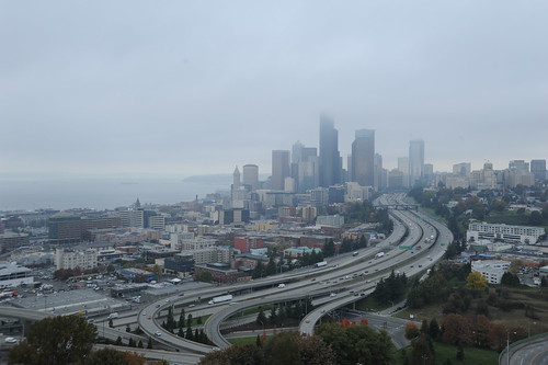 Foggy rainy Seattle, skyscrapers, freeways, Washington State, USA by Wonderlane