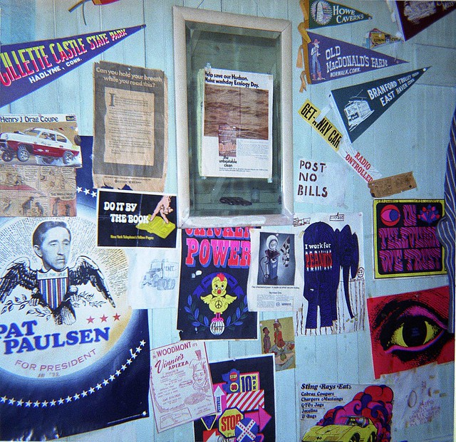 1970s Dayglo posters, (one for Corvette Sting Ray), pennants and other other stuff decorating my room (in brilliant flashcube light). Milford Connecticut. July 1972