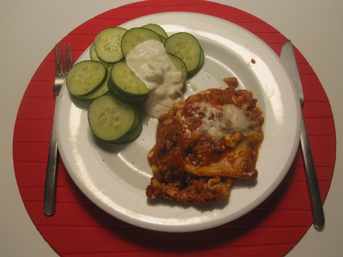 Cucumber slices with tzatziki, lasagna