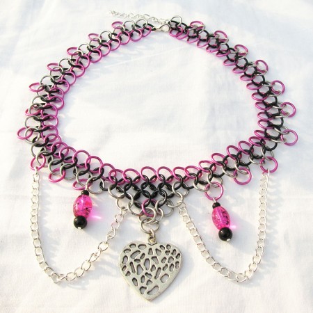 Black And Silver. Heart of Romance - Hot Pink, Black, and Silver Chainmaille Necklace