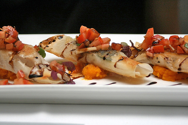 Sea Bream blanketed with Crispy Brick Phyllo on Butternut Pumpkin Puree, and topped with Tomato Salsa
