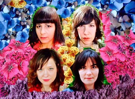 the faces of the women of Wild Flag photoshopped over a colorful flower collage
