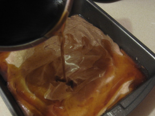 pouring in the caramel