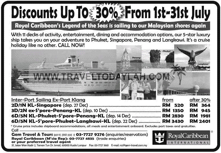 Royal Caribbean Cruise Packages to KL, Singapore, Penang, 