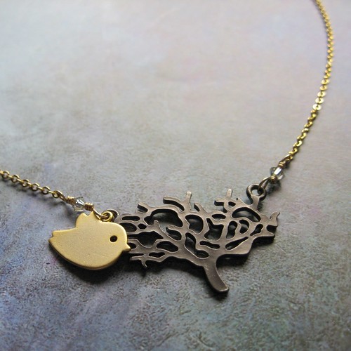 tree_bird heart necklace_Gunmetal Tree and Golden Bird Necklace
