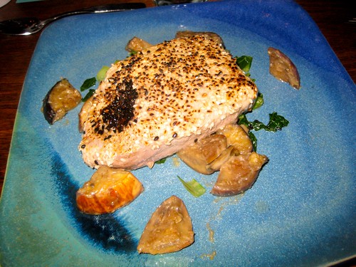 Sesame crusted tuna with miso glazed eggplant and stir fried baby bok choy