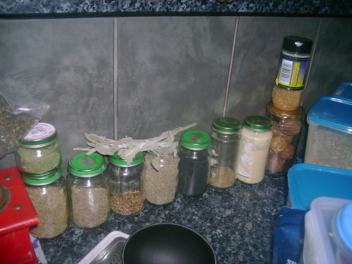 Jars of spices and dried herbs