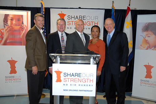 A few of the partners in the No Kid Hungry initiative were represented at the kick-off. Left to right are:  Tracy Rosser, senior vice-president of Walmart, Mississippi River Delta Division; Bill Ludwig, regional administrator for Food and Nutrition Service Southwest Region; Mitch Landrieu, mayor of New Orleans; Carol Carter, director of Sojourner Truth Neighborhood Center; and Billy Shore, founder and executive director of Share Our Strength.