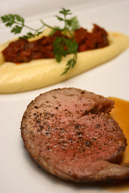Leg of Lamb - roasted lamb leg marinated with garlic and rosemary with potato mousseline and ratatouille