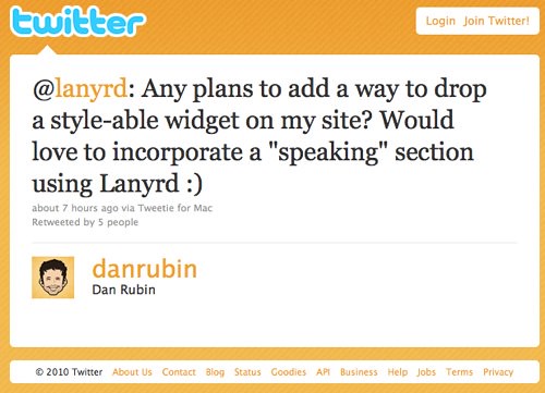 Twitter / Dan Rubin: @lanyrd: Any plans to add ... by photo