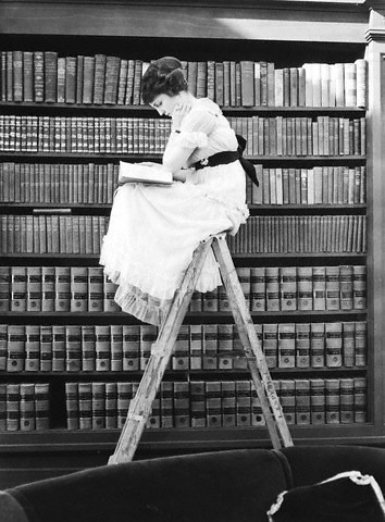 Woman reading on a ladder