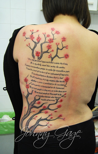 cherry blossom tree and lettering tattoo Tattooed by Johnny at