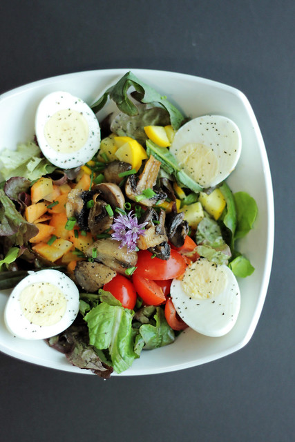 Eggs, Mushrooms and mixed Leaves