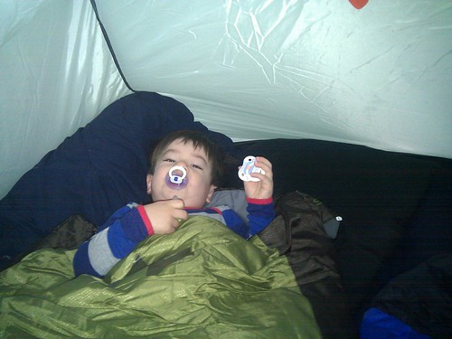 Scott waking up in the tent. We slept in the tent in our garden last night, he loved it!