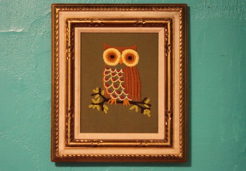 Retro Vintage 70s Owl Needlepoint Art