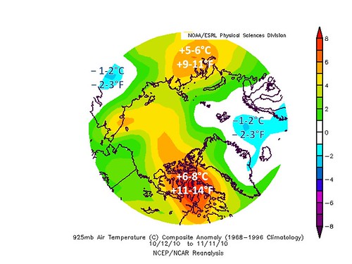 925 millibar (3000 feet above sea level) temperature anomalies from 12 Oct through 11 Nov 2010