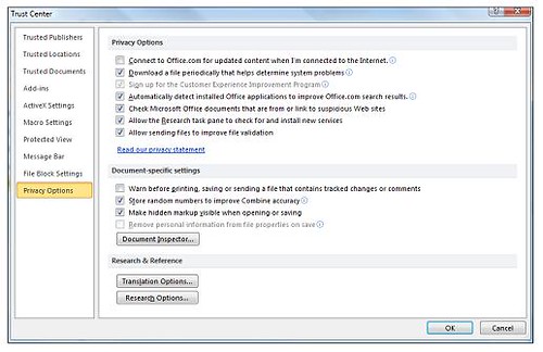 Office 2010 Trust Center: Privacy options