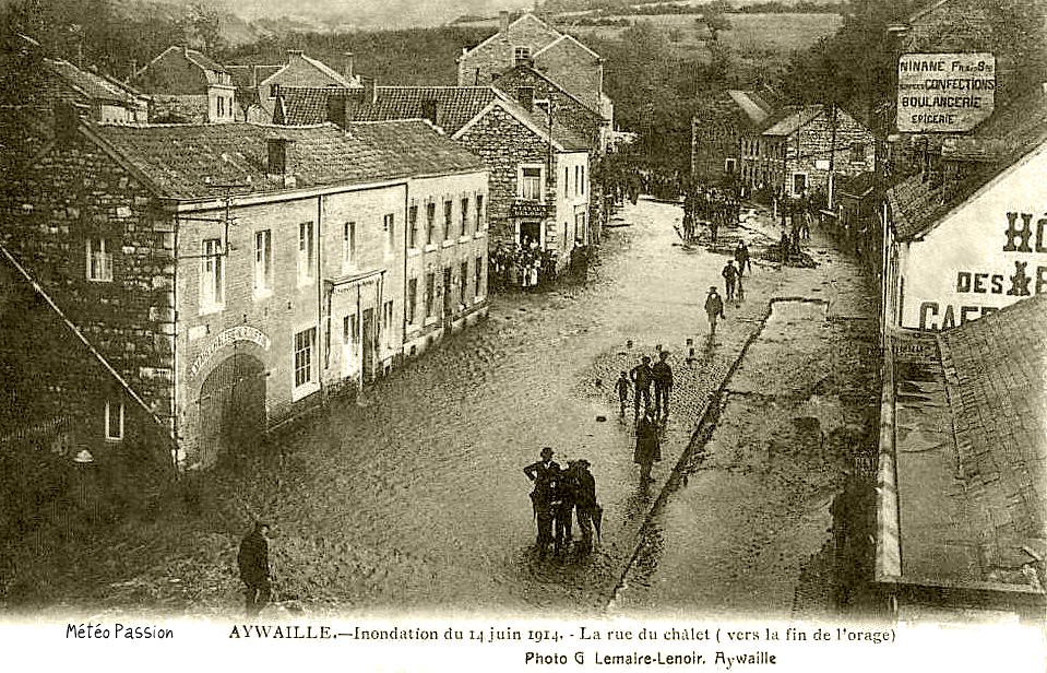 inondation du village d'Aywaille en Belgique suite aux pluies d'orage du 14 juin 1914