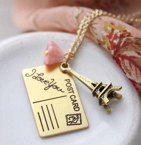 Eiffel Tower, I love You Postcard, jewelry, necklace, Parisian, French, gold, rose, pink