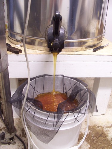 honey streaming down from the extractor and being screened for "junk"