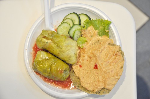 Raw: stuffed cabbage rolls with tomatoes sauce, raw buckwheat bread with raw cashew cheese, cucumbers and salad
